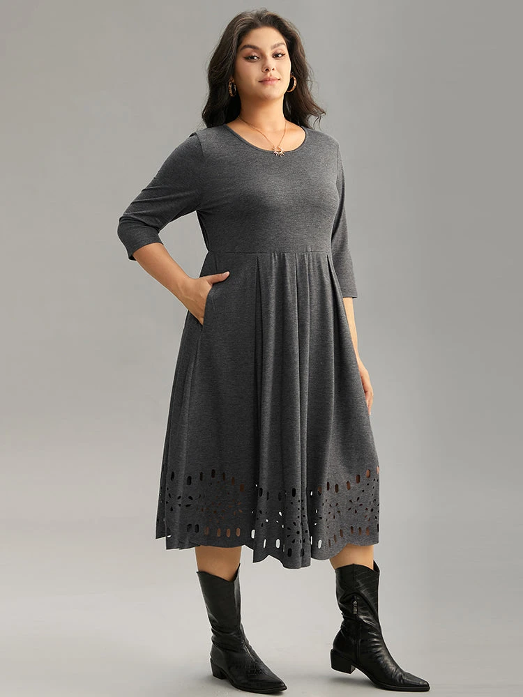 Plain Elastic Waist Laser Cut Crew Neck Dress 5 Plain Elastic Waist Laser Cut Crew Neck Dress - Image 3