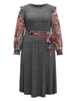 Ditsy Floral Patchwork Ruffle Trim Belted Dress -Bloomchic Shop 456436560 op