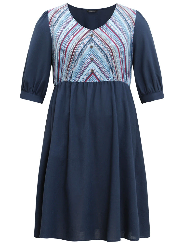 Boho Print Striped Patchwork Lantern Sleeve Dress 11 Boho Print Striped Patchwork Lantern Sleeve Dress - Image 9