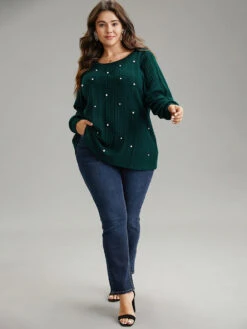 Plain Rib Knit Pearl Beaded Sweatshirt -Bloomchic Shop 45677730 on