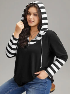 Striped Patchwork Hooded Half Zip Sweatshirt 10 Striped Patchwork Hooded Half Zip Sweatshirt -Bloomchic Shop 458194528 lo