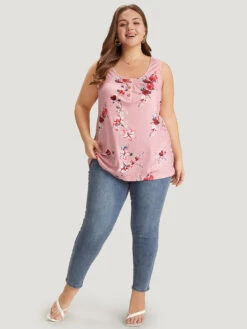 Floral Button Detail Round Neck Tank Top -Bloomchic Shop 458327910 bl