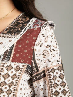 Moroccan Print Lace Panel Ruffles Frill Trim Blouse -Bloomchic Shop 458488475 nv