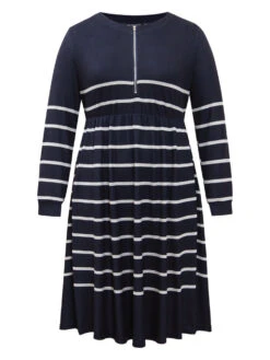Striped Elastic Waist Pocket Zipper Dress -Bloomchic Shop 458667204 mo