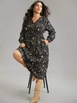 Graphic Two Tone Shirred Surplice Neck Dress -Bloomchic Shop 458877745 lv