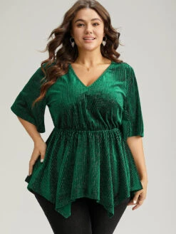 Velvet Elastic Waist Ruffle Sleeve Hanky Hem Blouse
