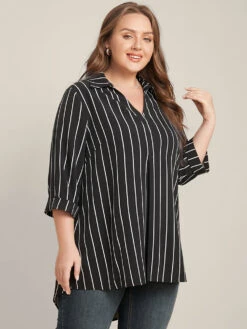 Striped Contrast V Neck Asymmetrical Hem Blouse -Bloomchic Shop 4599505 dr