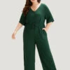Plain Textured V Neck Pocket Button Through Drawstring Jumpsuit -Bloomchic Shop 462688902 ug