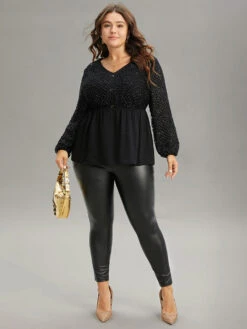 Glitter Mesh Patchwork Lantern Sleeve Blouse -Bloomchic Shop 462730780 vy