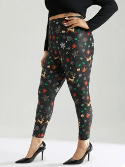 Christmas Print Elastic Waist Leggings -Bloomchic Shop 463035205 xe
