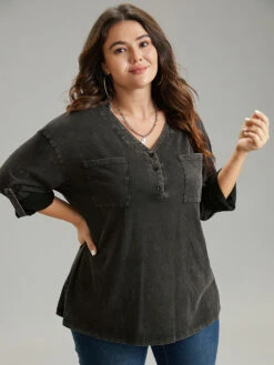 Vintage Roll Tab Sleeve Button Up T-shirt