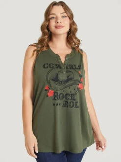 Rose & Letter Print Button Up Graphic Tank Top -Bloomchic Shop 463855249 gr