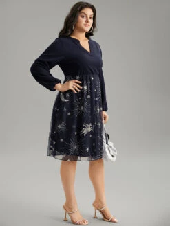 Star Glitter Mesh Patchwork Notched Dress -Bloomchic Shop 463986616 dg