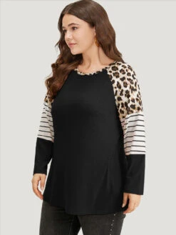 Striped Patchwork Leopard Print Crew Neck T-shirt 23 Striped Patchwork Leopard Print Crew Neck T-shirt -Bloomchic Shop 464878554 nf