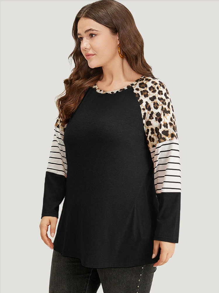 Striped Patchwork Leopard Print Crew Neck T-shirt 12 Striped Patchwork Leopard Print Crew Neck T-shirt - Image 10