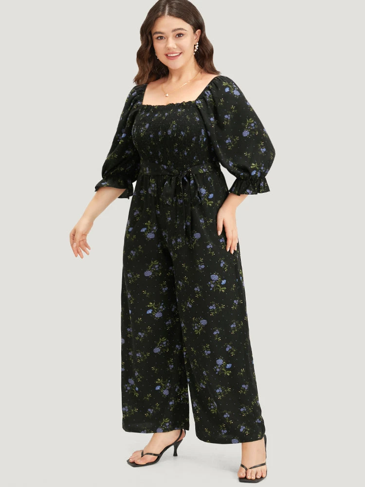 Floral Print Shirred Belted Square Neck Frill Trim Jumpsuit 4 Floral Print Shirred Belted Square Neck Frill Trim Jumpsuit - Image 2