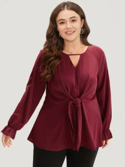 Anti-Wrinkle Twist Front Keyhole Ties Blouse -Bloomchic Shop 465211614 yr
