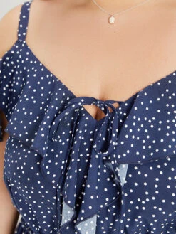 Polka Dot Ruffle Trim Tie Neck Cut Out Elastic Waist Jumpsuit -Bloomchic Shop 465723688 fj