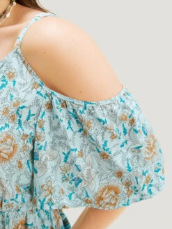 Floral Print Tie Neck Keyhole Ruffles Cold Shoulder Blouse -Bloomchic Shop 466003492 sh