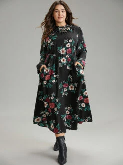 Floral Print Shirred Mock Neck Dress -Bloomchic Shop 466246756 pv