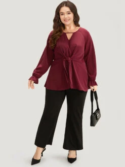 Anti-Wrinkle Twist Front Keyhole Ties Blouse -Bloomchic Shop 466633600 wm