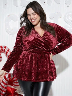 Velvet Overlap Collar Elastic Waist Buckle Detail Blouse