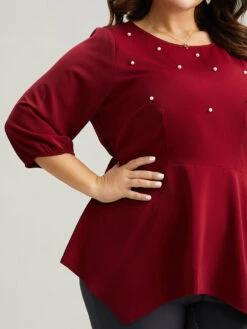 Plain Pearl Beaded Gathered Hanky Hem Blouse 13 Plain Pearl Beaded Gathered Hanky Hem Blouse -Bloomchic Shop 467283160 is