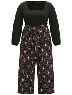 Halloween Skull Print Patchwork Belted Jumpsuit -Bloomchic Shop 468618911 ge
