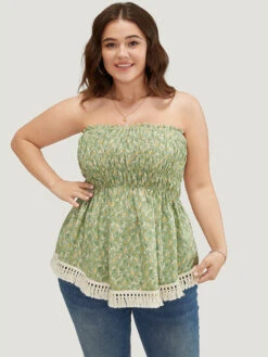 Ditsy Floral Frill Trim Tassels Hem Shirred Off Shoulder Blouse 20 Ditsy Floral Frill Trim Tassels Hem Shirred Off Shoulder Blouse -Bloomchic Shop 469112326 mh