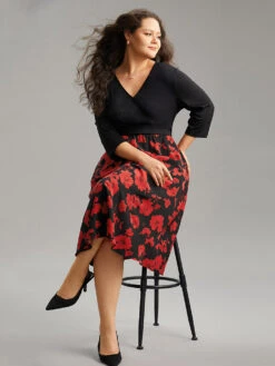 Silhouette Floral Print Patchwork Surplice Neck Dress -Bloomchic Shop 469293772 ez