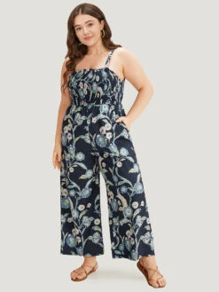 Plants Print Shirred Adjustable Straps Cami Jumpsuit -Bloomchic Shop 46946107 hq