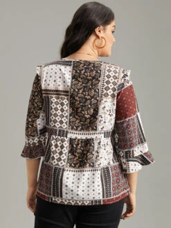 Moroccan Print Lace Panel Ruffles Frill Trim Blouse -Bloomchic Shop 469764903 pv