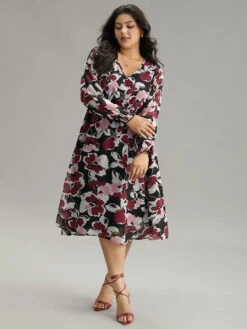 Floral Print Chiffon Shirred Elastic Cuffs Dress -Bloomchic Shop 470268038 uu 3517363a c757 42fd a076 78ef4013964c