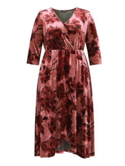 Floral Velvet Elastic Waist Wrap Ruffle Hem Dress -Bloomchic Shop 473568472 xy