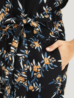 Floral Mesh Patchwork Crew Neck Pocket Belted Jumpsuit -Bloomchic Shop 474669421 vm