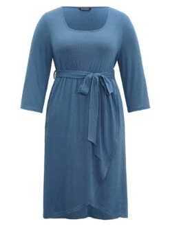 Plain Square Neck Arc Hem Belted Wrap Dress -Bloomchic Shop 475785345 vr