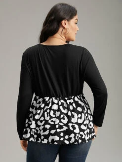 Leopard Print Patchwork Gathered T-shirt -Bloomchic Shop 475820228 xw