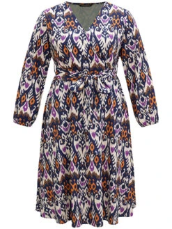 Boho Print Overlap Collar Elastic Waist Belted Dress -Bloomchic Shop 477054192 ps
