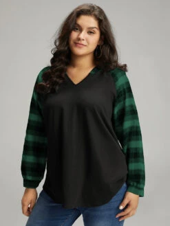 Plaid Print Hooded Patchwork Sweatshirt -Bloomchic Shop 477090801 fe