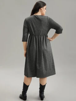 Plain Textured Pocket Elastic Waist Gathered Dress -Bloomchic Shop 477497505 ta