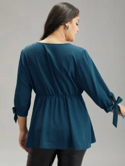 Plain Bowknot Ties Buckle Detail Wrap Blouse -Bloomchic Shop 478379152 nw