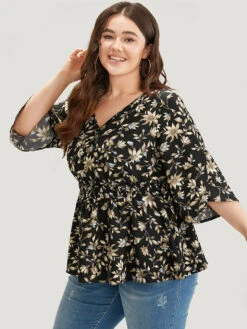 Floral Print Shirred Button Detail V Neck Petal Sleeve Blouse -Bloomchic Shop 47850405 je 31b1f4e3 1bd2 405a 8ac9 dd29dd49065e