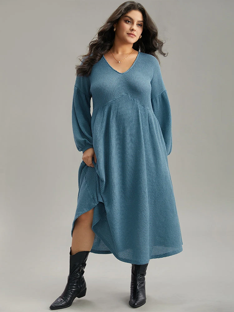 Solid Waffle Knit Pocket Lantern Sleeve Dress 8 Solid Waffle Knit Pocket Lantern Sleeve Dress - Image 6