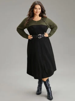 Contrast Button Detail Waffle Knit Pocket Dress -Bloomchic Shop 479969612 ih