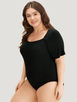 Rib Knit Asymmetrical Neck Short Sleeve Bodysuit -Bloomchic Shop 480110388 uy