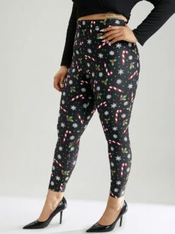 Christmas Print Elastic Waist Skinny Leggings -Bloomchic Shop 480800674 ri