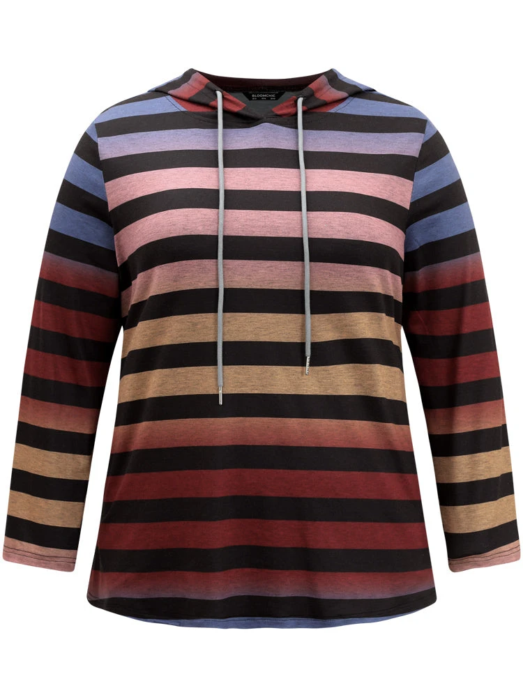Colour Striped Ombre Hooded Drawstring T-shirt 7 Colour Striped Ombre Hooded Drawstring T-shirt - Image 5