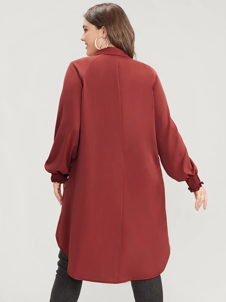 Solid Shirred Pocket Button Up High Low Hem Blouse 6 Solid Shirred Pocket Button Up High Low Hem Blouse - Image 4