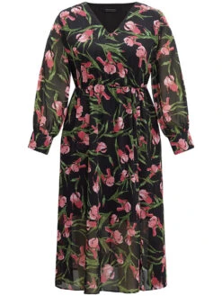 Floral Print Chiffon Split Side Elastic Waist Dress -Bloomchic Shop 484589160 qy