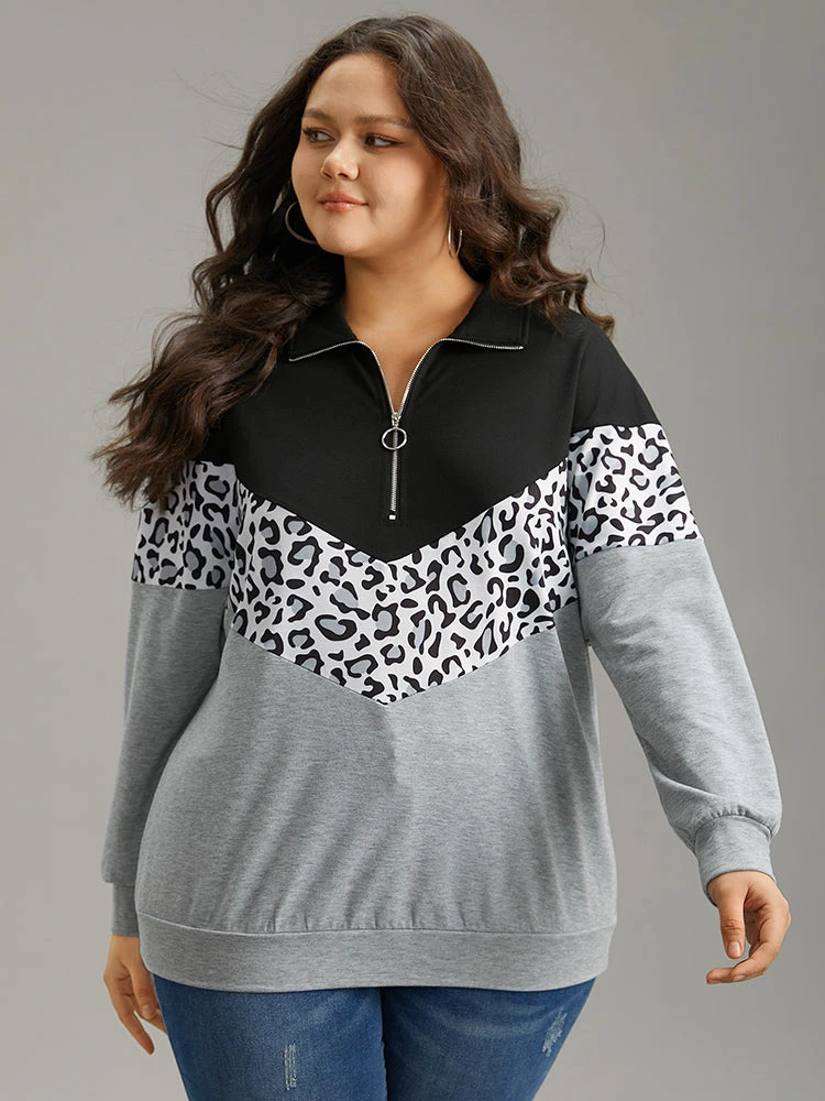 Leopard Contrast Patchwork Half Zip Sweatshirt 5 Leopard Contrast Patchwork Half Zip Sweatshirt - Image 3
